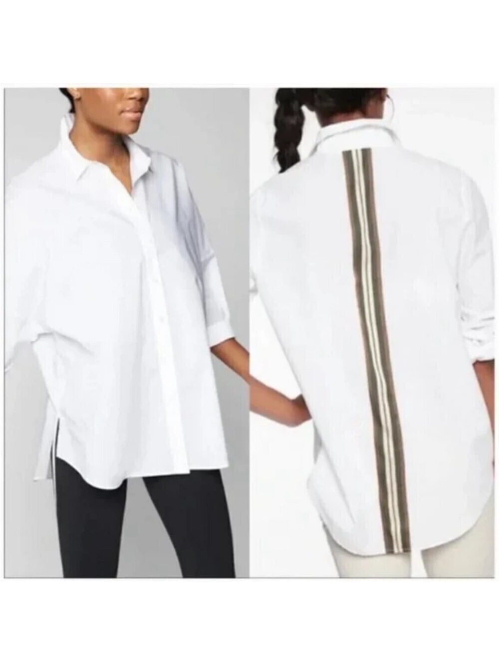 Athleta White Button-Down Shirt with Olive and Tan Back Stripe